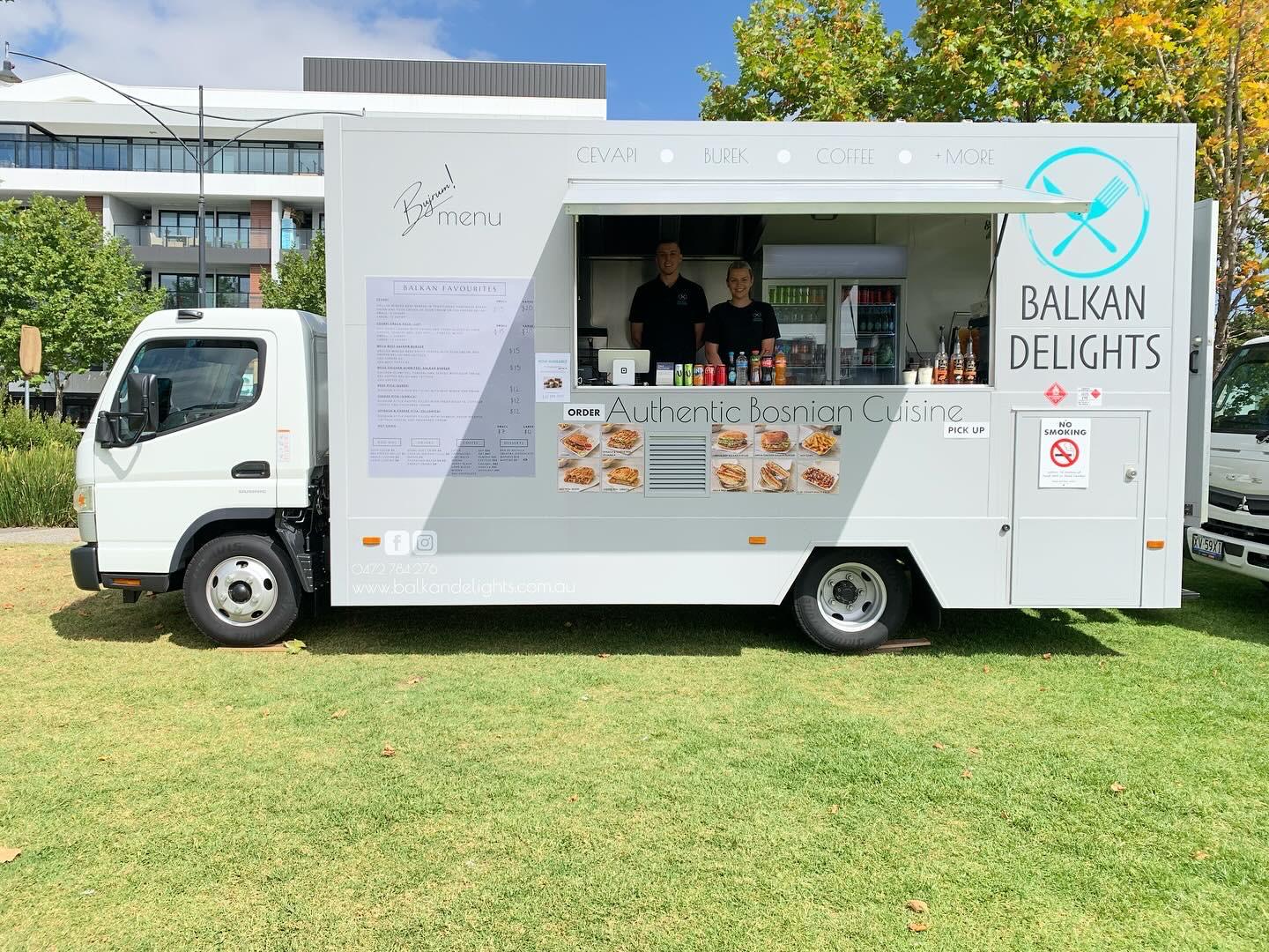 Balkan Delights grey food truck with its serving window open